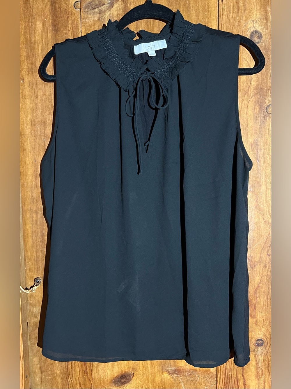 LOFT Black Sleeveless Ruffle-Trim Tie-Neck Top